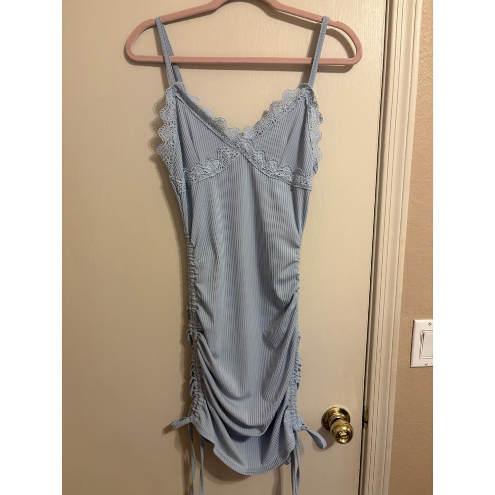 ROMWE Light Blue Ribbed Bodycon Dress Lace Trim‎ Ruched Drawstring V-Neck S